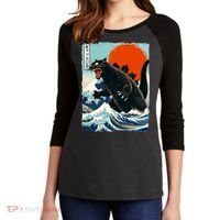 Catzilla Cat Japanese Art Cat Gift Women's Tri-Blend 3/4-Sleeve Raglan Shirt thumb 2