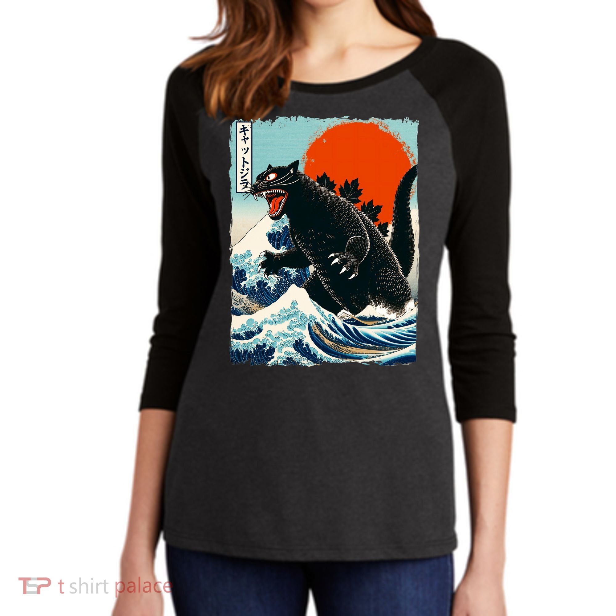 Catzilla Cat Japanese Art Cat Gift Women's Tri-Blend 3/4-Sleeve Raglan Shirt