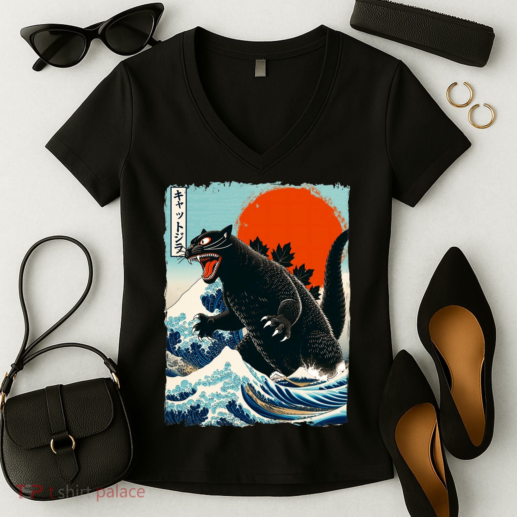 Catzilla Cat Japanese Art Cat Gift Women's V-Neck T-Shirt