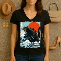 Catzilla Cat Japanese Art Cat Gift Women's V-Neck T-Shirt thumb 3