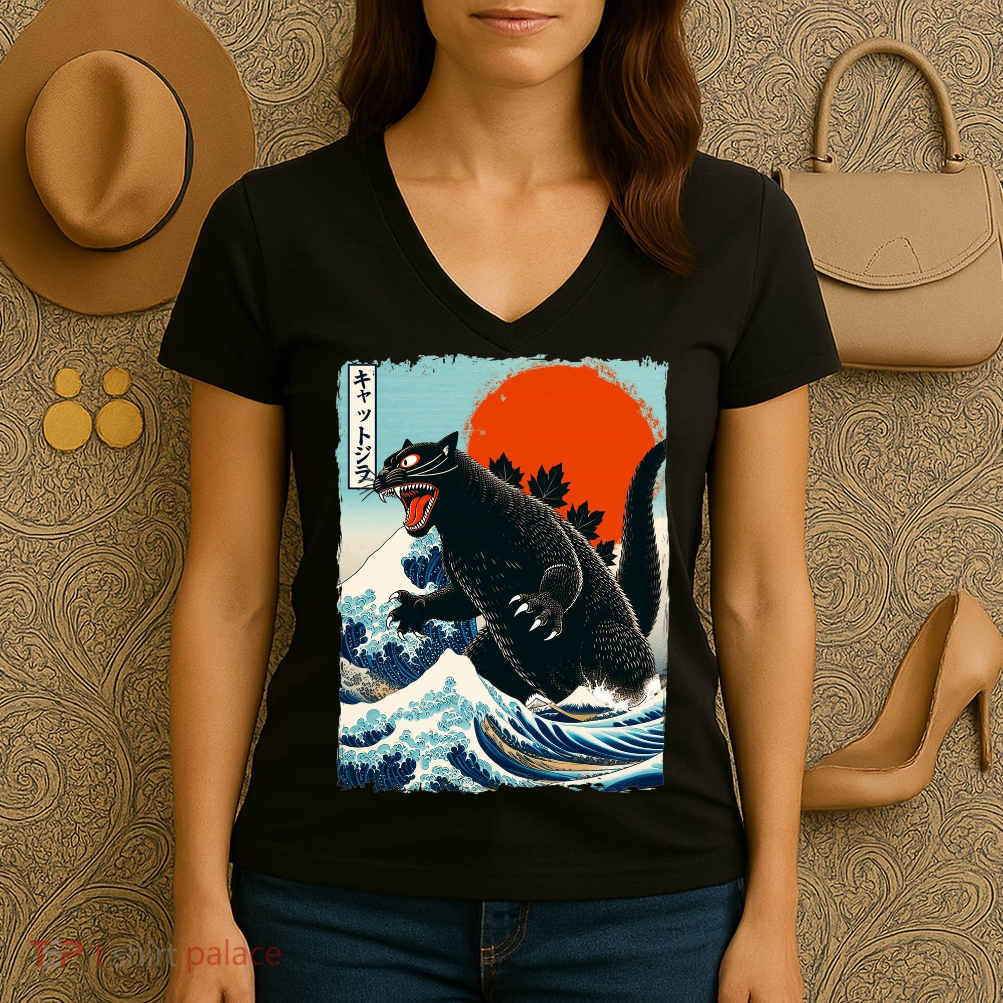 Catzilla Cat Japanese Art Cat Gift Women's V-Neck T-Shirt