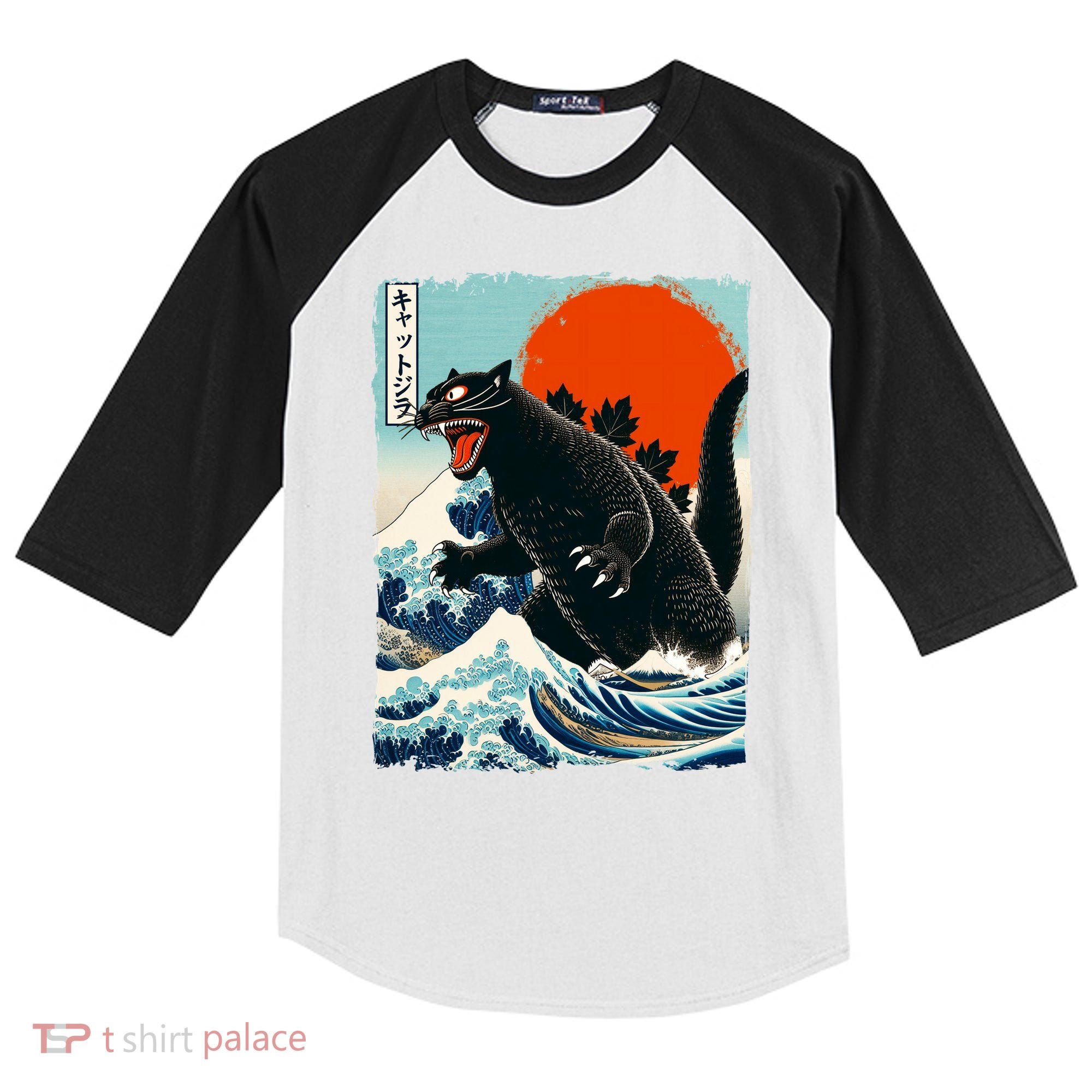 Catzilla Cat Japanese Art Cat Gift Kids Colorblock Raglan Jersey