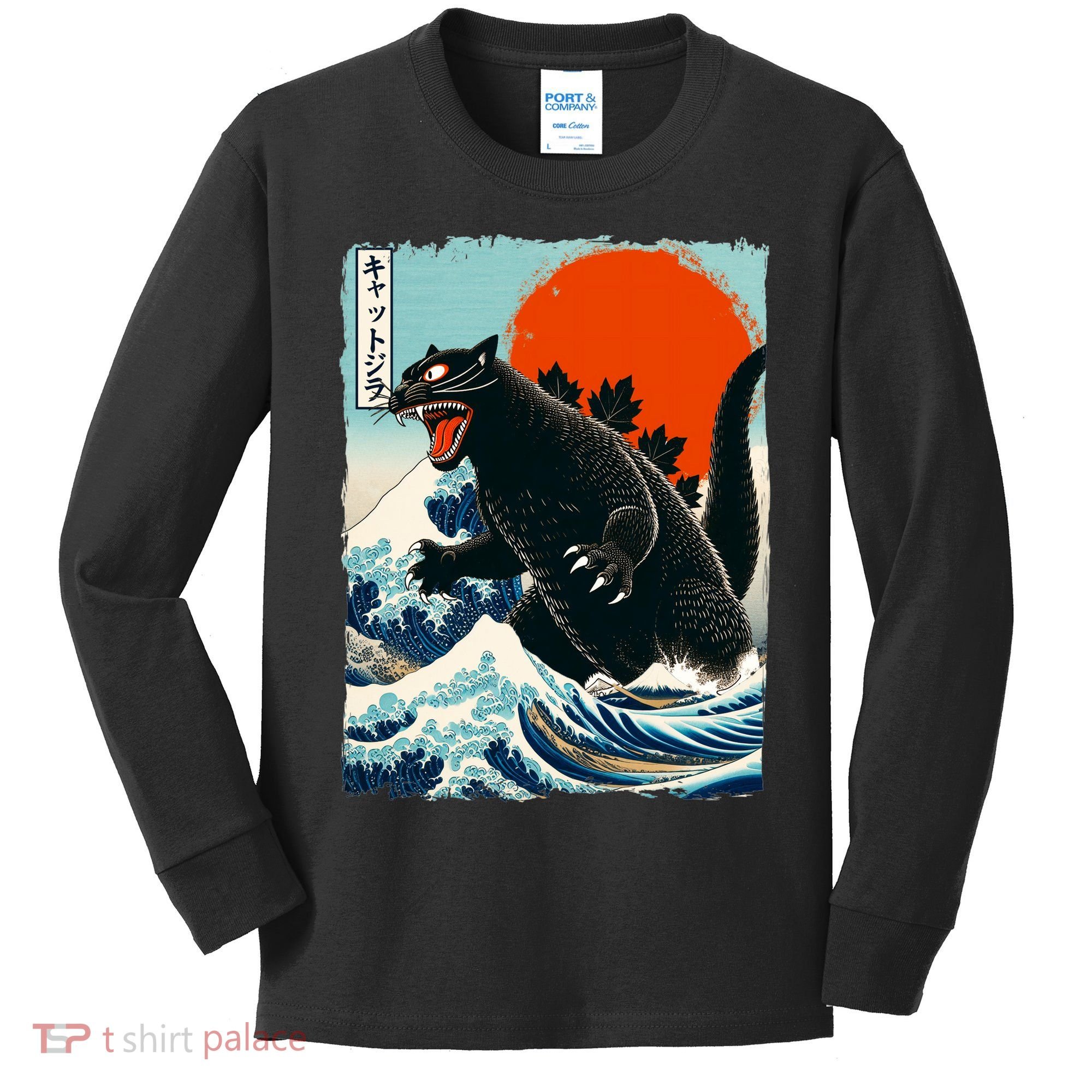 Catzilla Cat Japanese Art Cat Gift Kids Long Sleeve Shirt