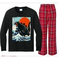 Catzilla Cat Japanese Art Cat Gift Kids Long Sleeve Plaid Pajama Set thumb 0