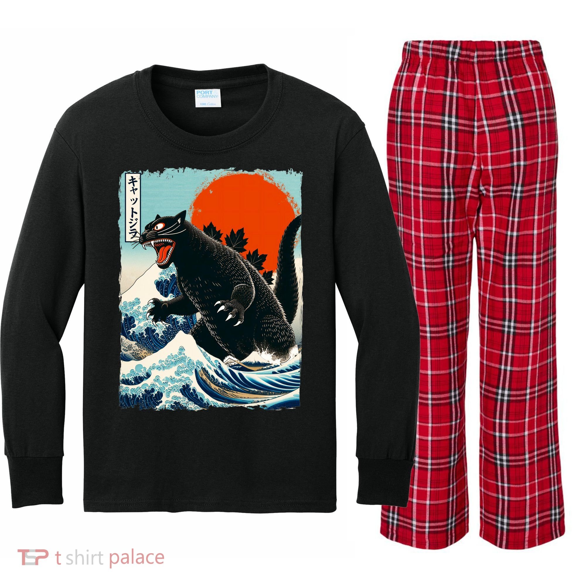 Catzilla Cat Japanese Art Cat Gift Kids Long Sleeve Plaid Pajama Set