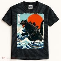 Catzilla Cat Japanese Art Cat Gift Kids Tie-Dye T-Shirt thumb 0