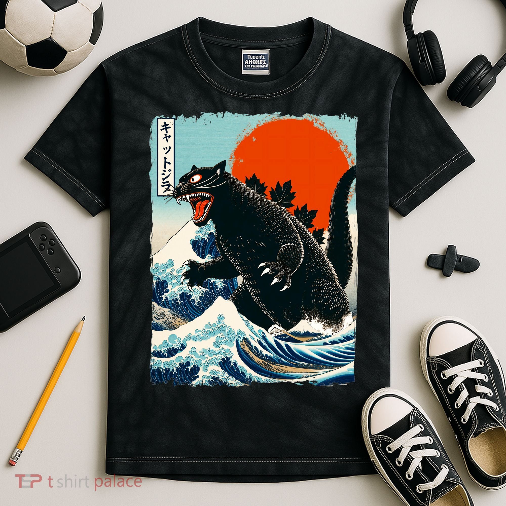 Catzilla Cat Japanese Art Cat Gift Kids Tie-Dye T-Shirt