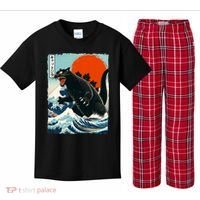 Catzilla Cat Japanese Art Cat Gift Kids Plaid Pajama Set thumb 0