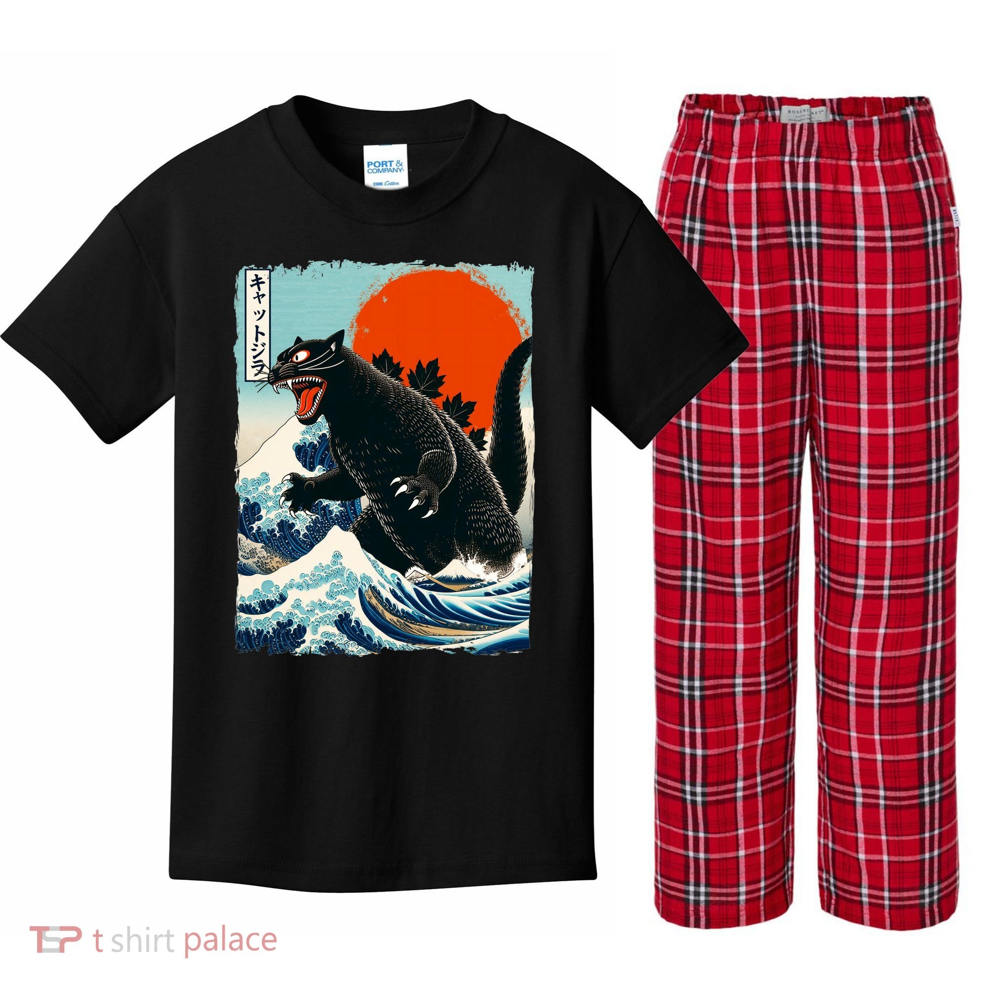 Catzilla Cat Japanese Art Cat Gift Kids Plaid Pajama Set