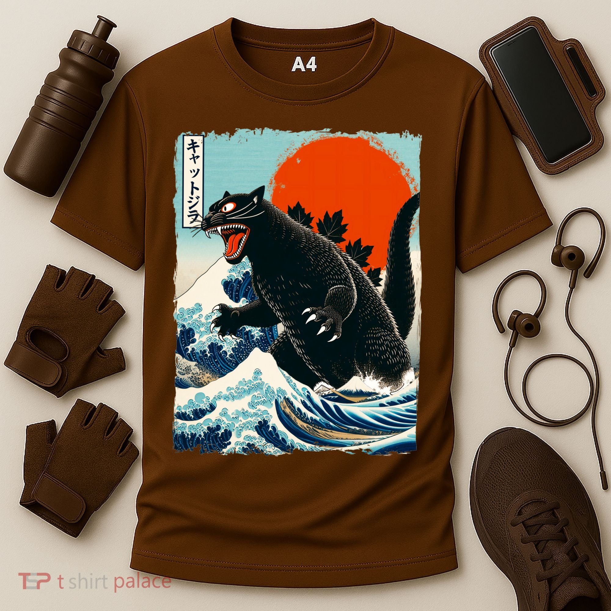Catzilla Cat Japanese Art Cat Gift Cooling Performance Crew T-Shirt