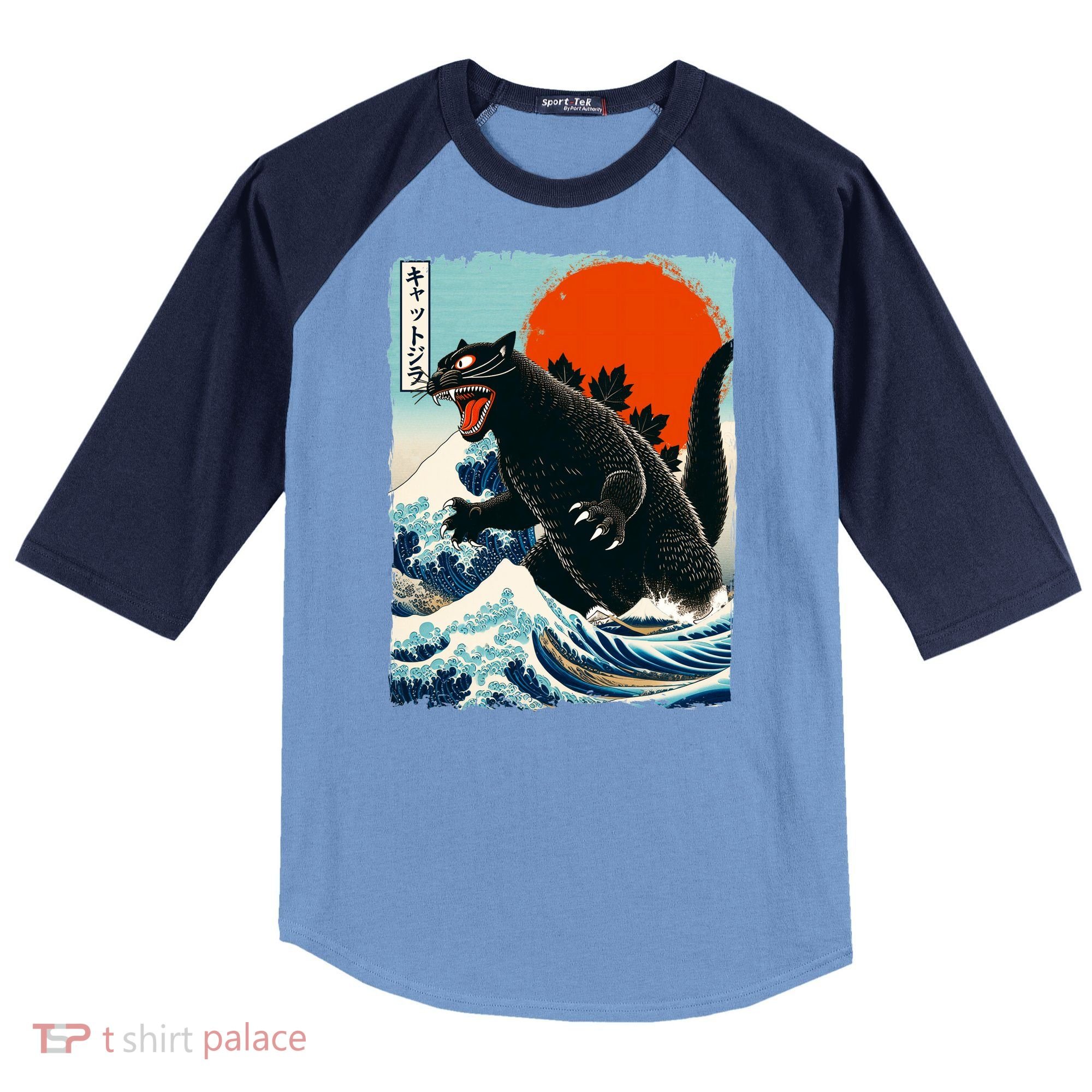 Catzilla Cat Japanese Art Cat Gift Raglan Baseball Sleeve Shirt