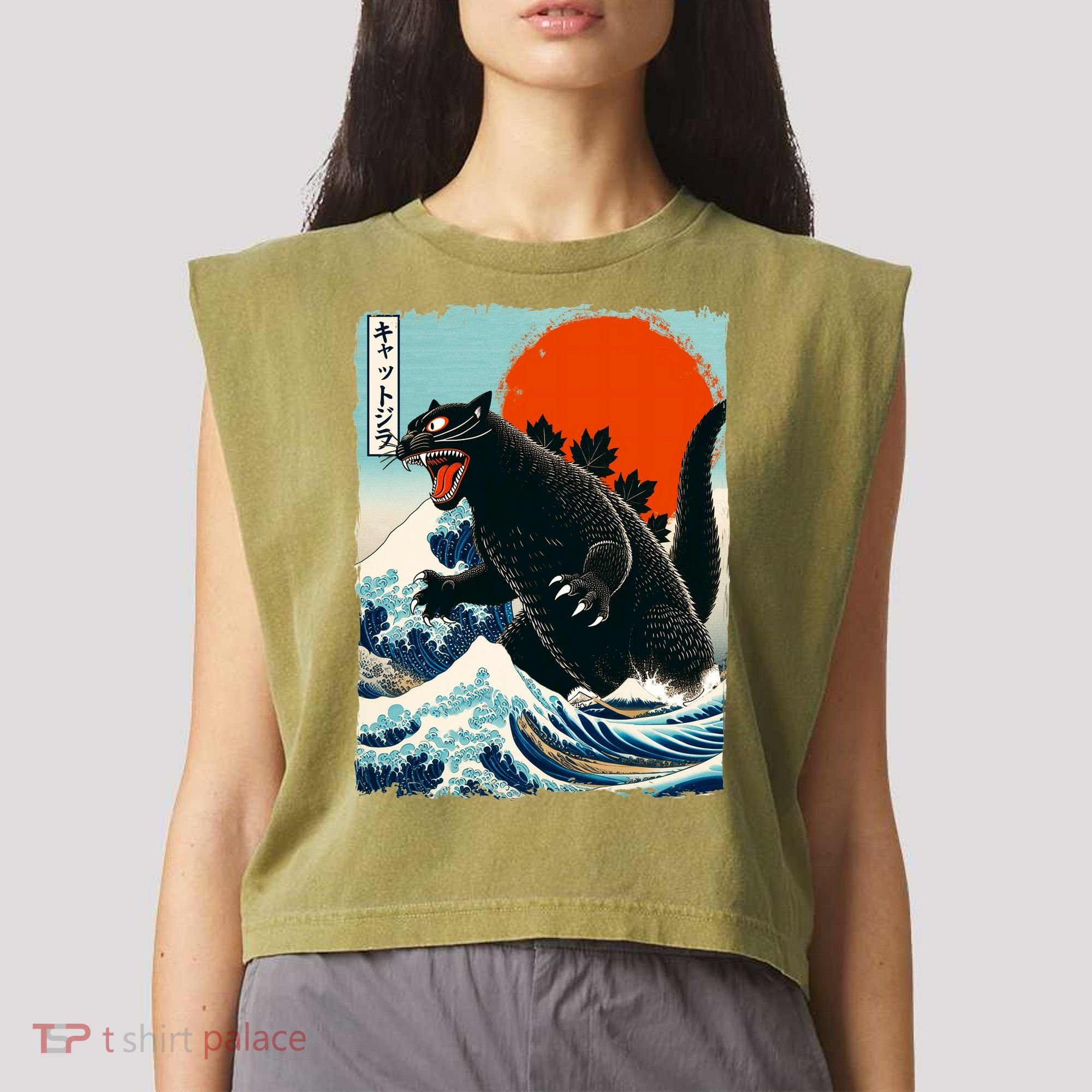 Catzilla Cat Japanese Art Cat Gift Garment-Dyed Women's Muscle Tee