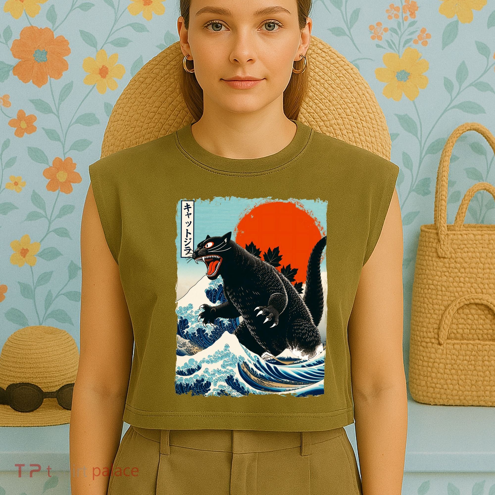 Catzilla Cat Japanese Art Cat Gift Garment-Dyed Women's Muscle Tee