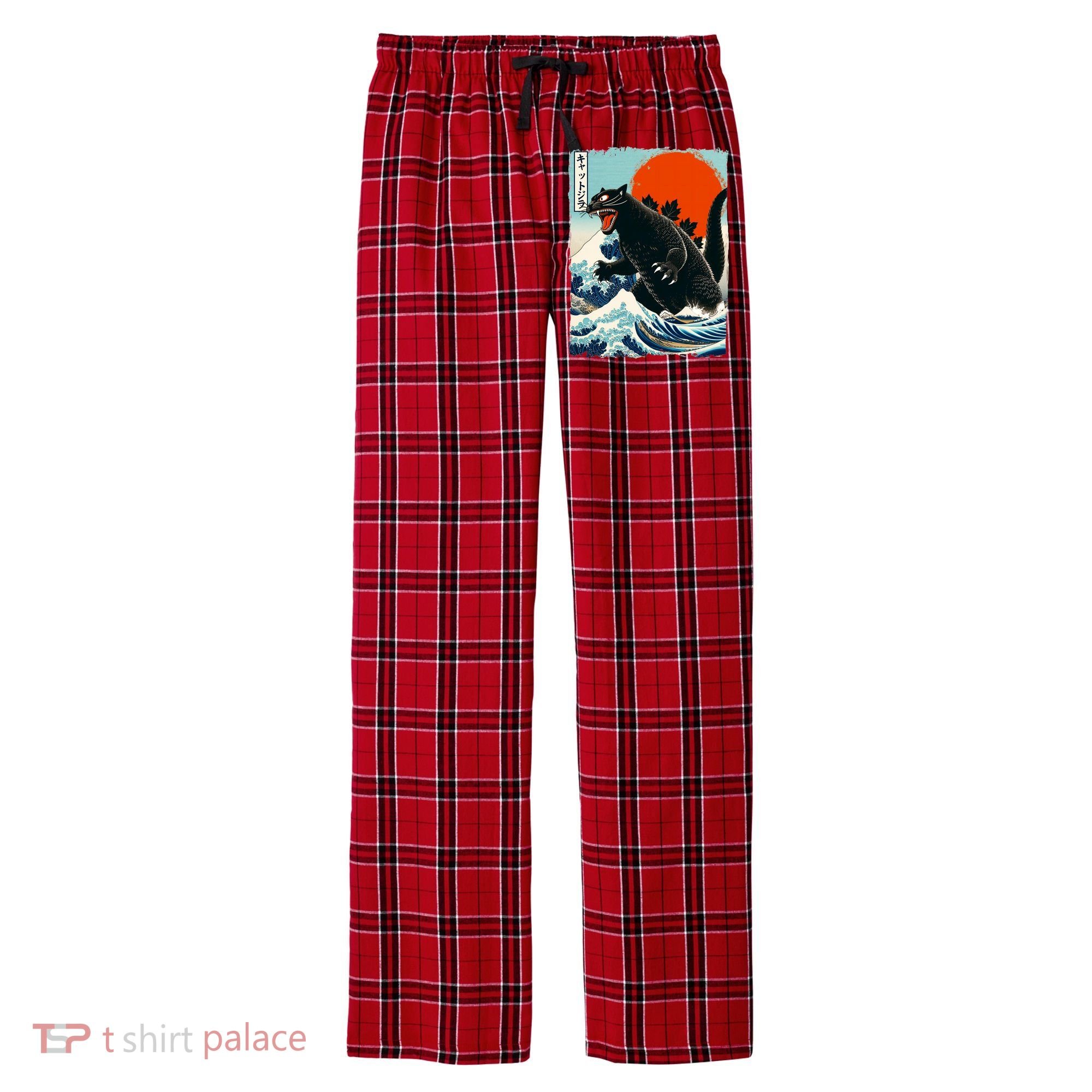 Catzilla Cat Japanese Art Cat Gift Men's Flannel Plaid Pajama Pants