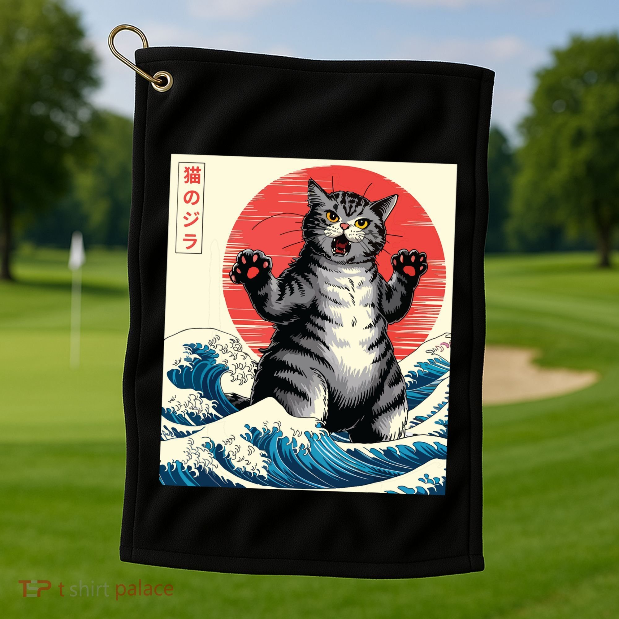 Catzilla Cat Japanese Art Funny Cat Gifts Golf Towel