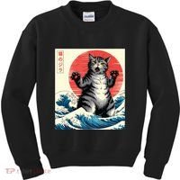 Catzilla Cat Japanese Art Funny Cat Gifts Kids Sweatshirt thumb 0