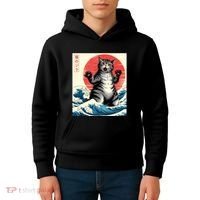 Catzilla Cat Japanese Art Funny Cat Gifts Kids Hoodie thumb 4