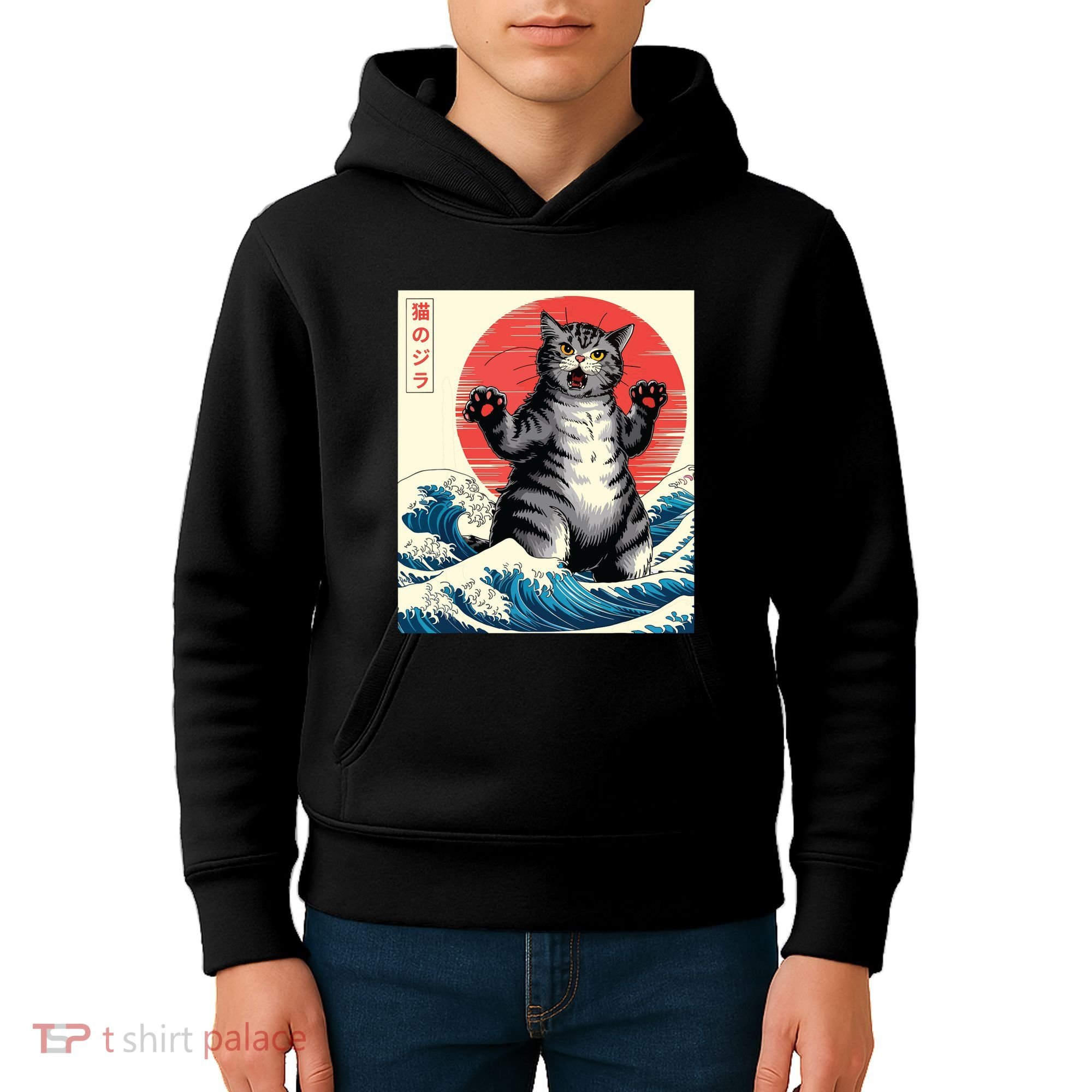 Catzilla Cat Japanese Art Funny Cat Gifts Kids Hoodie