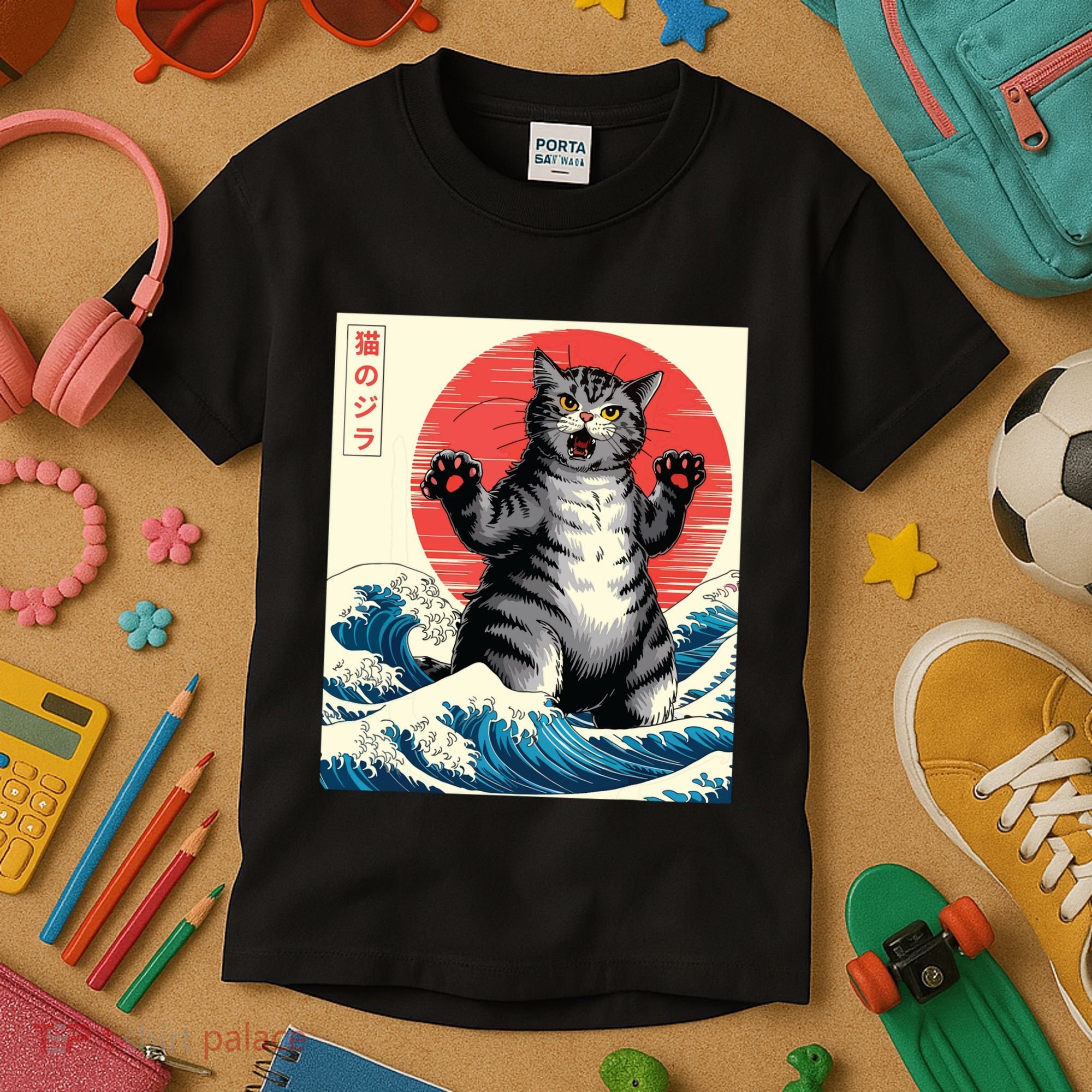 Catzilla Cat Japanese Art Funny Cat Gifts Kids T-Shirt