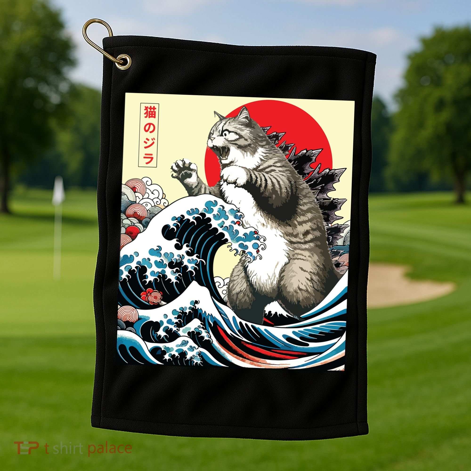 Catzilla Cat Japanese Art Funny Cat Gifts Golf Towel
