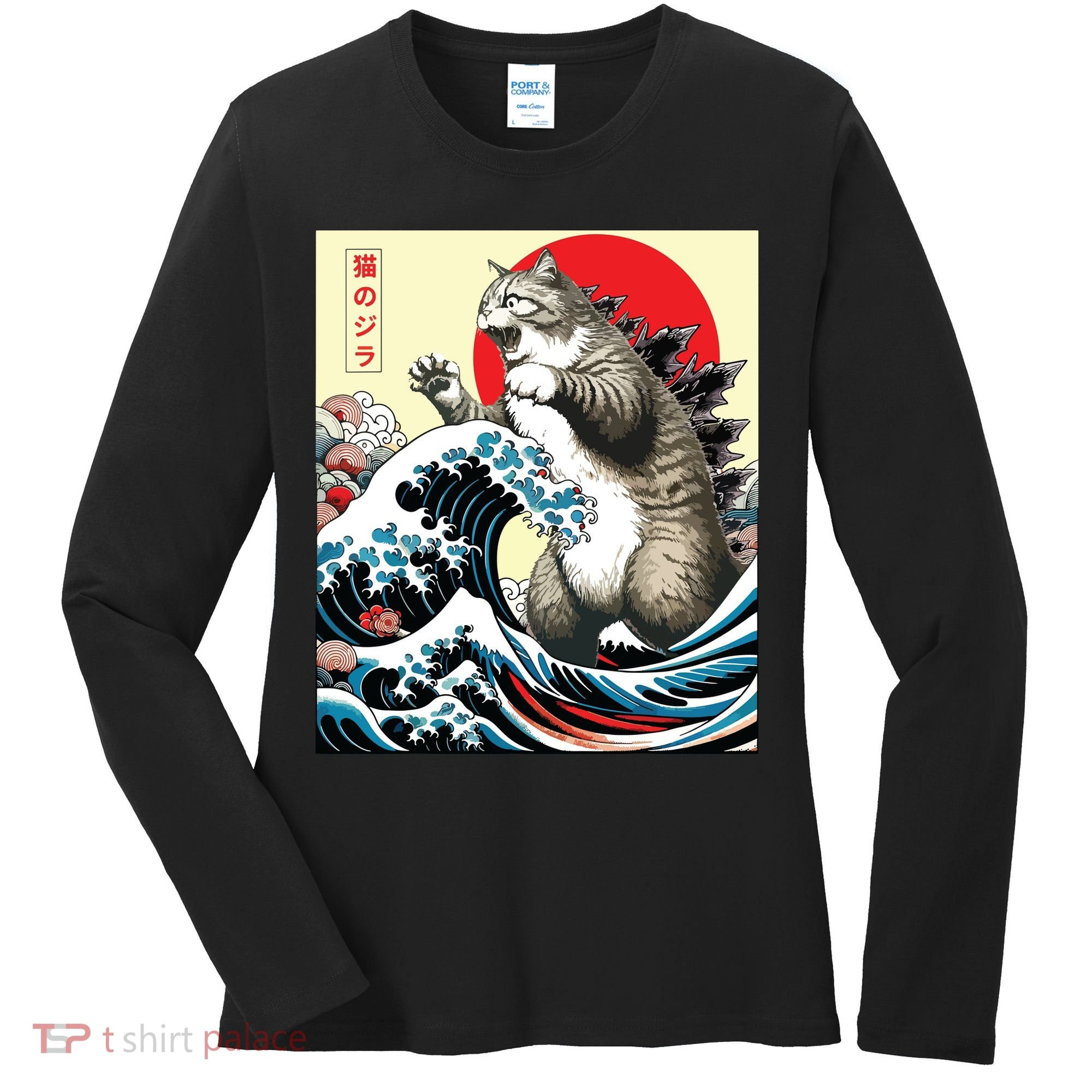 Catzilla Cat Japanese Art Funny Cat Gifts Women's Long Sleeve Shirt