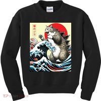 Catzilla Cat Japanese Art Funny Cat Gifts Kids Sweatshirt thumb 0