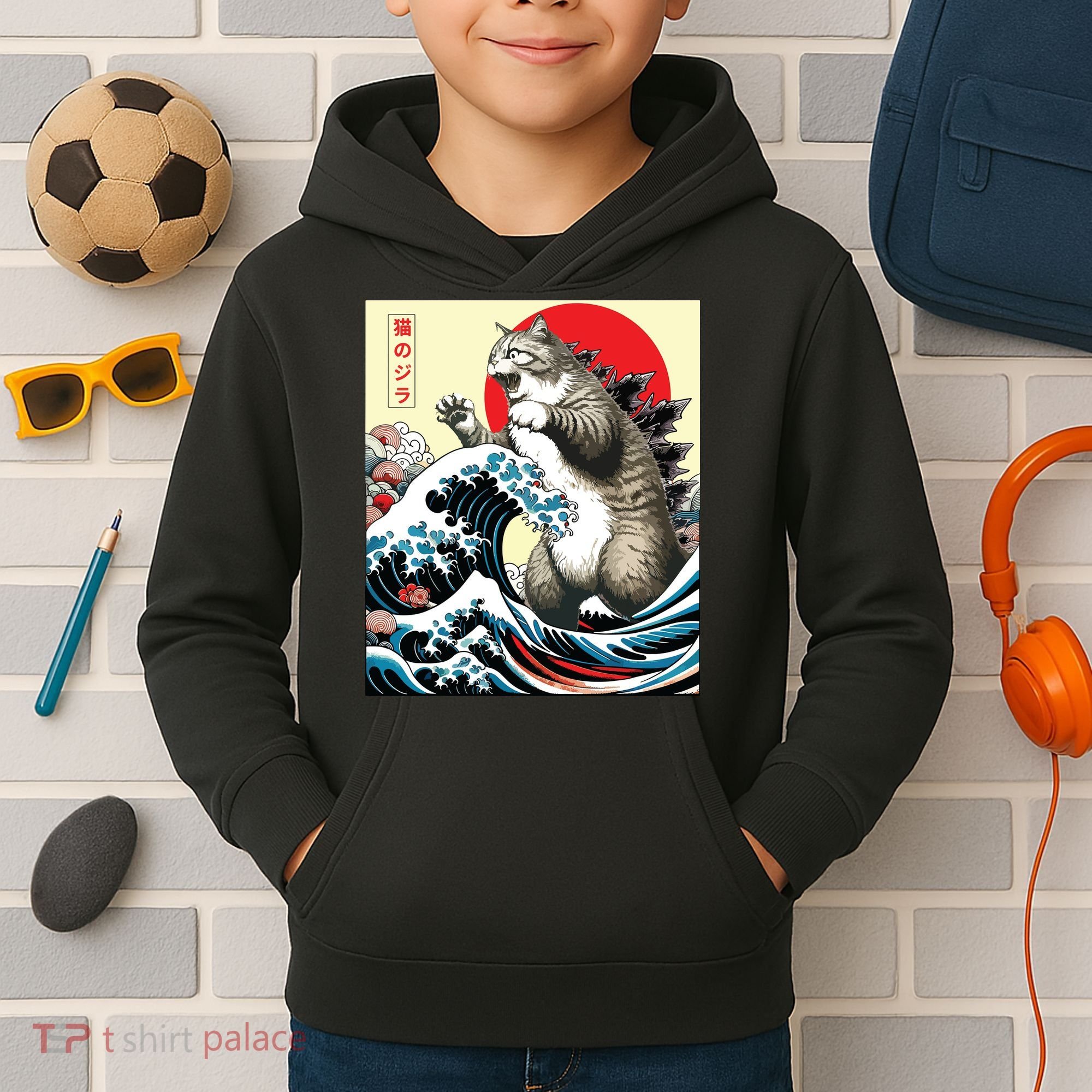 Catzilla Cat Japanese Art Funny Cat Gifts Kids Hoodie