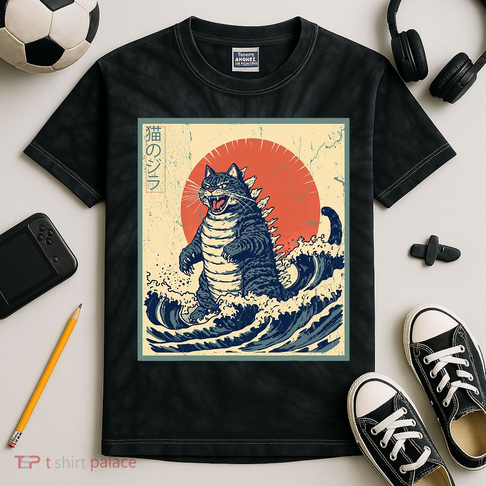 Catzilla Cat Japanese Art Funny Cat Kids Tie-Dye T-Shirt