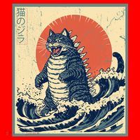 Catzilla Cat Japanese Art Funny Cat Santa Hat thumb 1