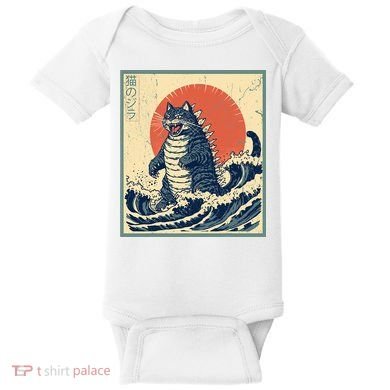 Catzilla Cat Japanese Art Funny Cat Baby Bodysuit
