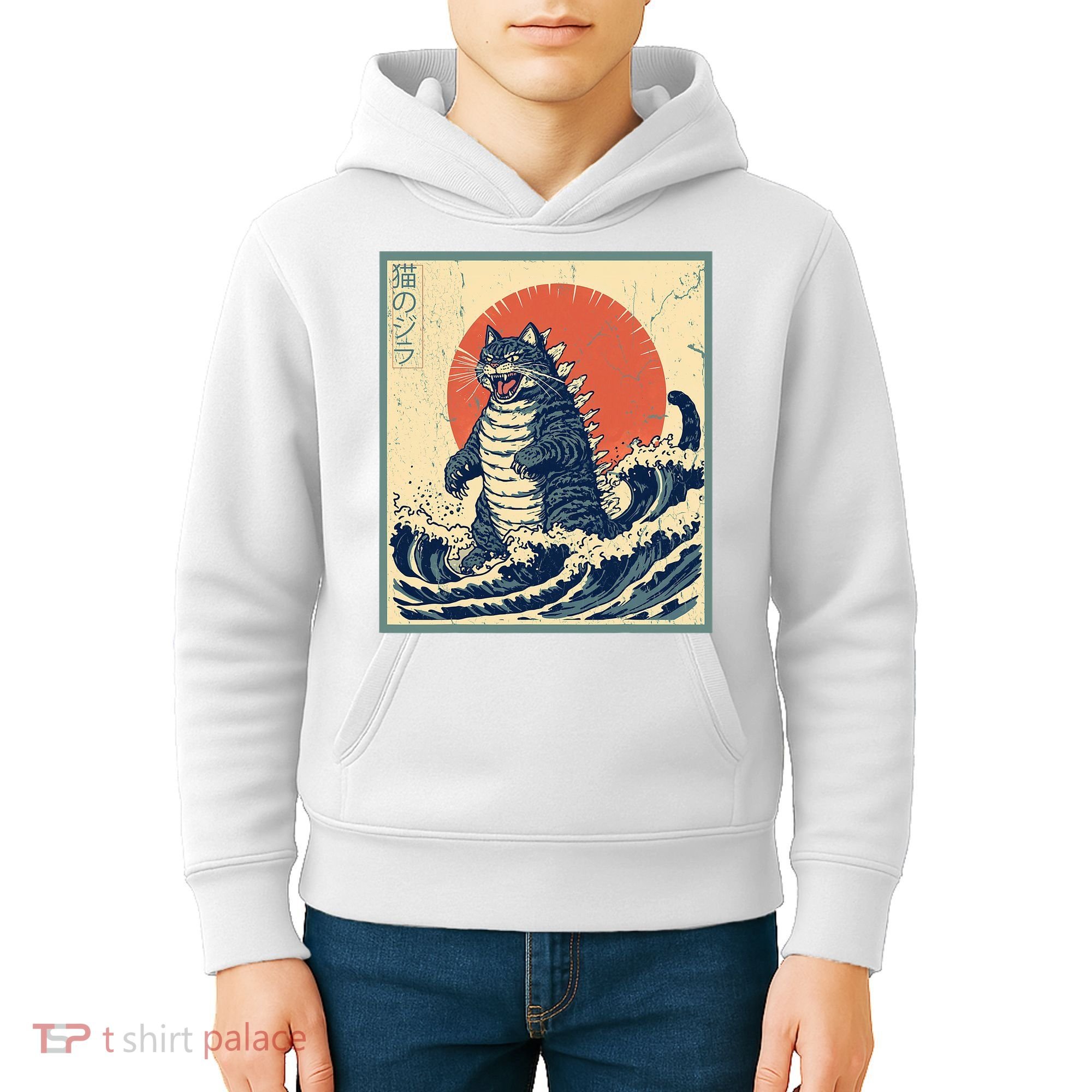Catzilla Cat Japanese Art Funny Cat Kids Hoodie