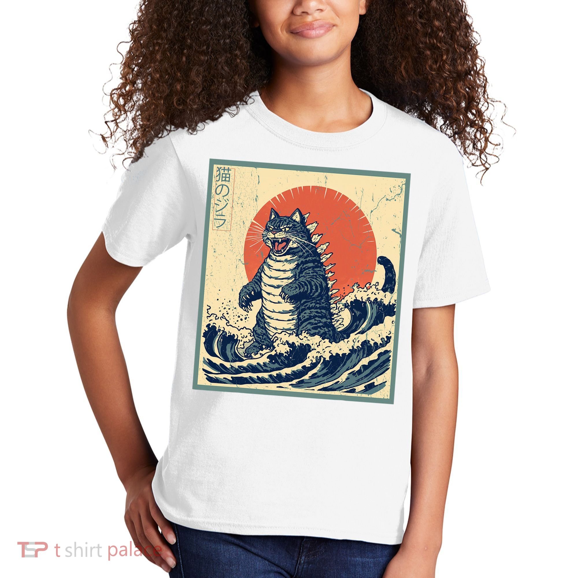 Catzilla Cat Japanese Art Funny Cat Kids T-Shirt