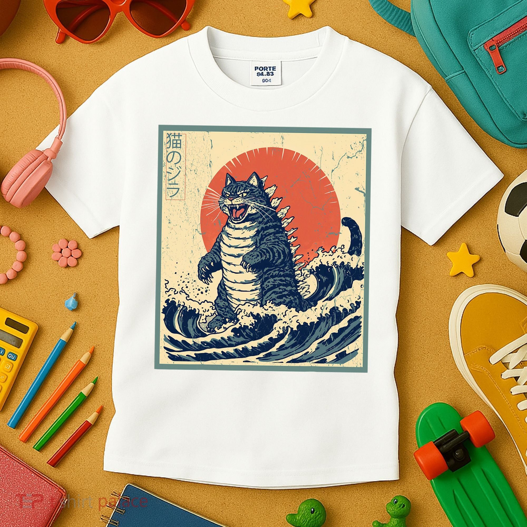 Catzilla Cat Japanese Art Funny Cat Kids T-Shirt