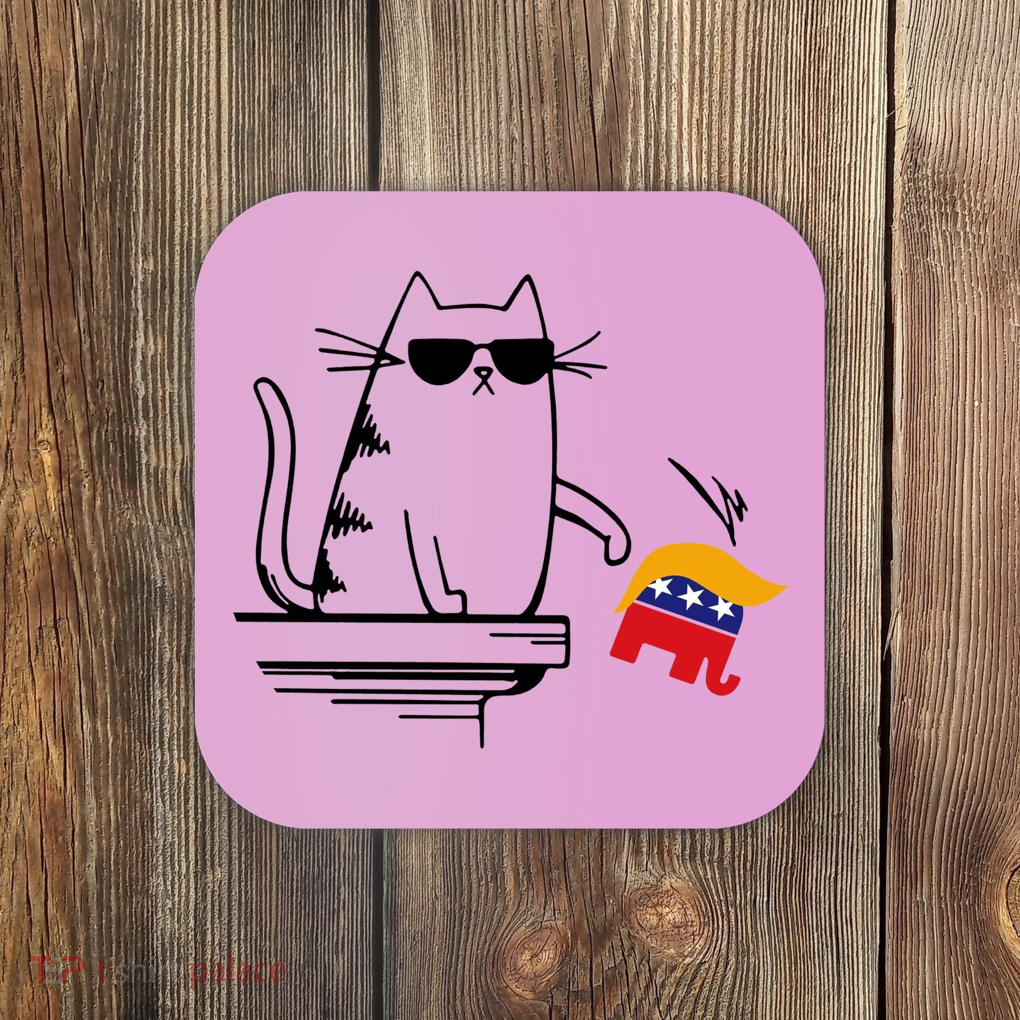 Cool Cat Knock Over Trump Elephant Hair 2024 Harris Walz Coaster