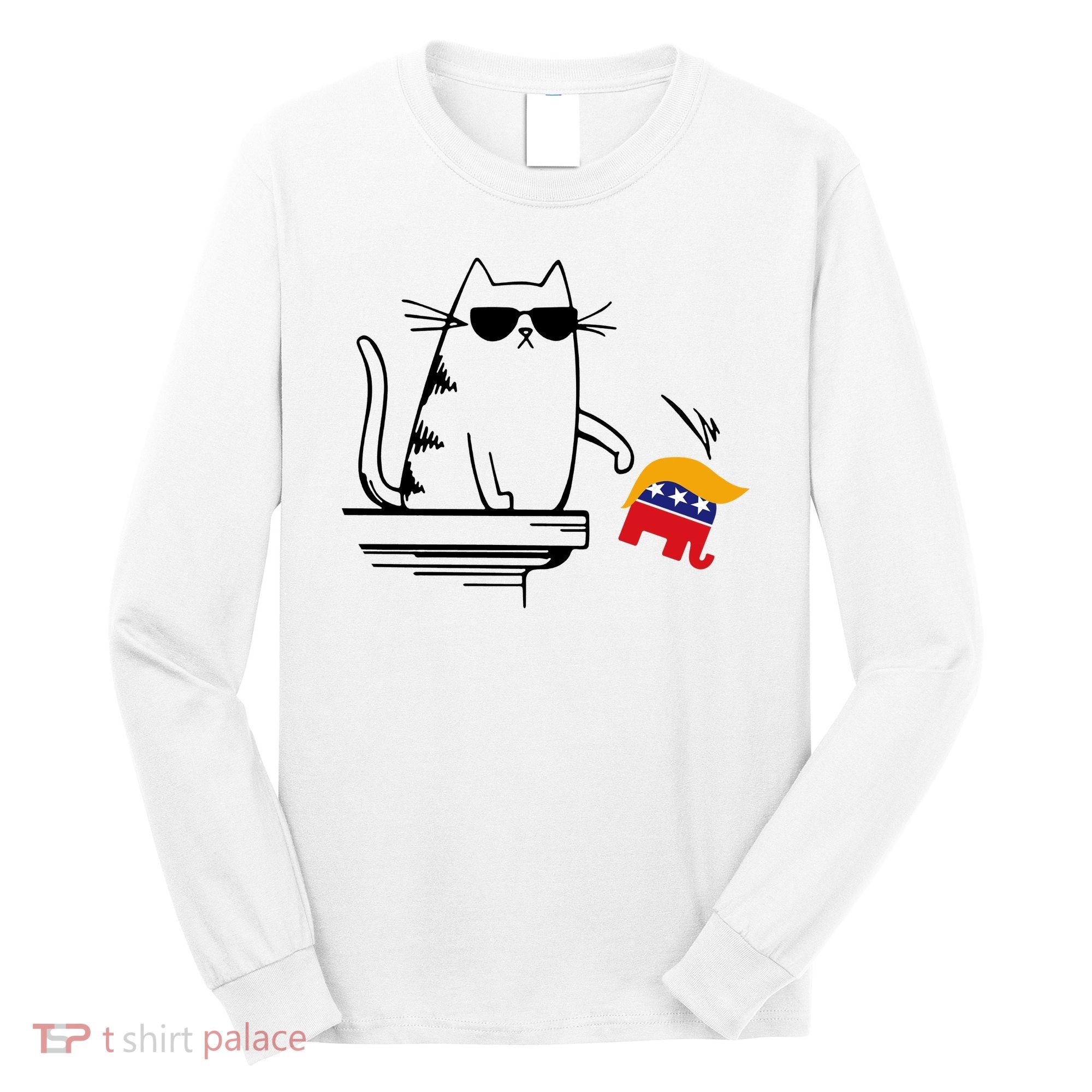 Cool Cat Knock Over Trump Elephant Hair 2024 Harris Walz Long Sleeve Shirt