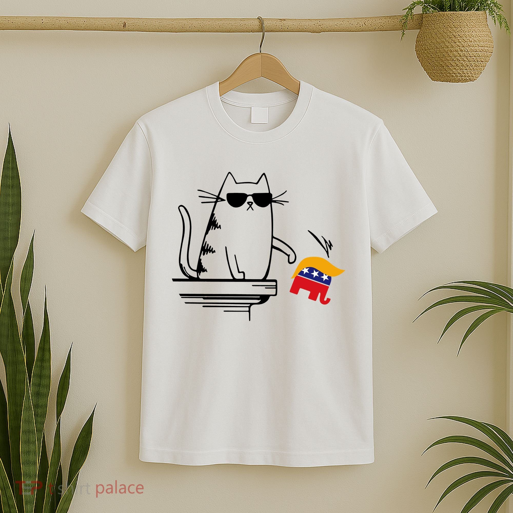Cool Cat Knock Over Trump Elephant Hair 2024 Harris Walz T-Shirt