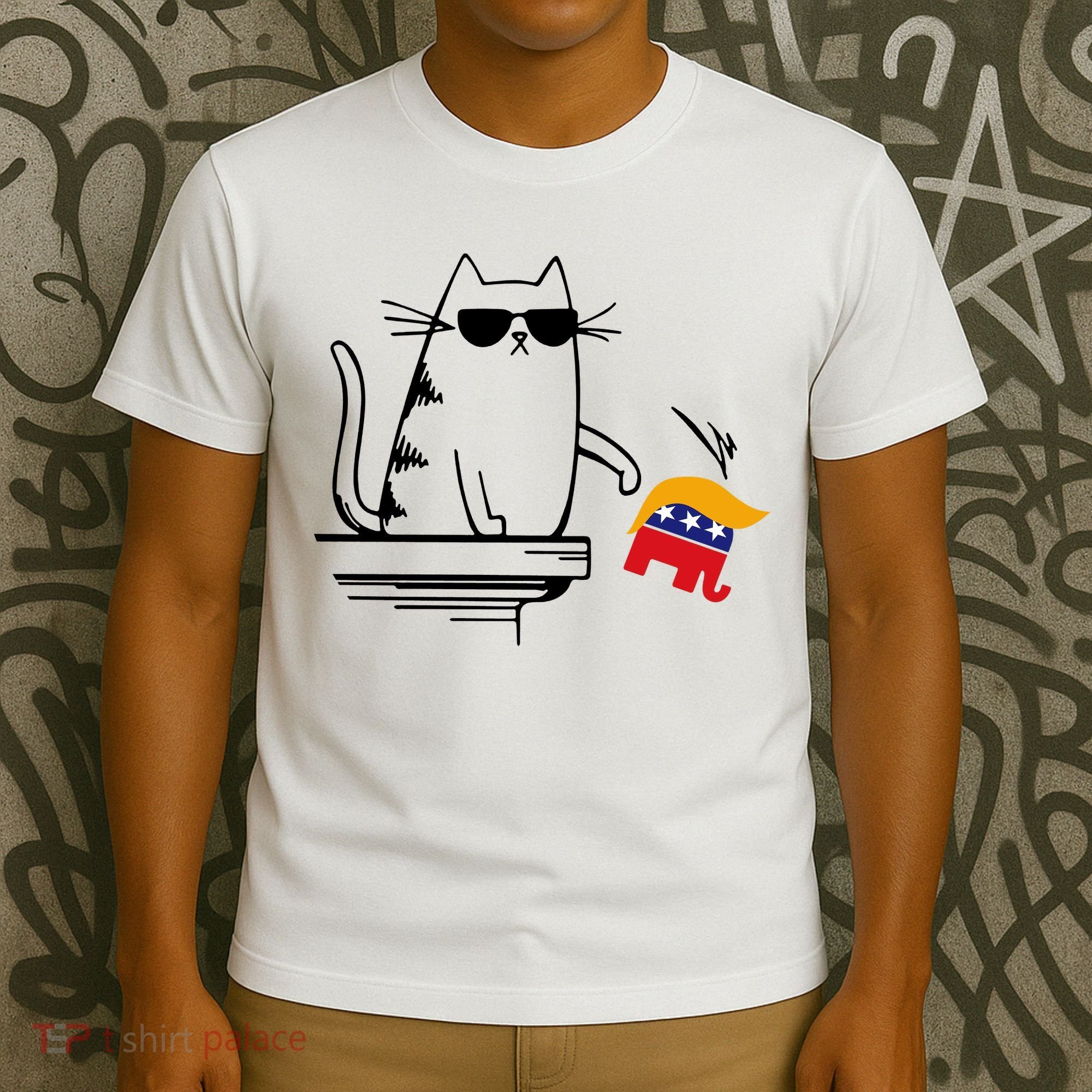 Cool Cat Knock Over Trump Elephant Hair 2024 Harris Walz T-Shirt