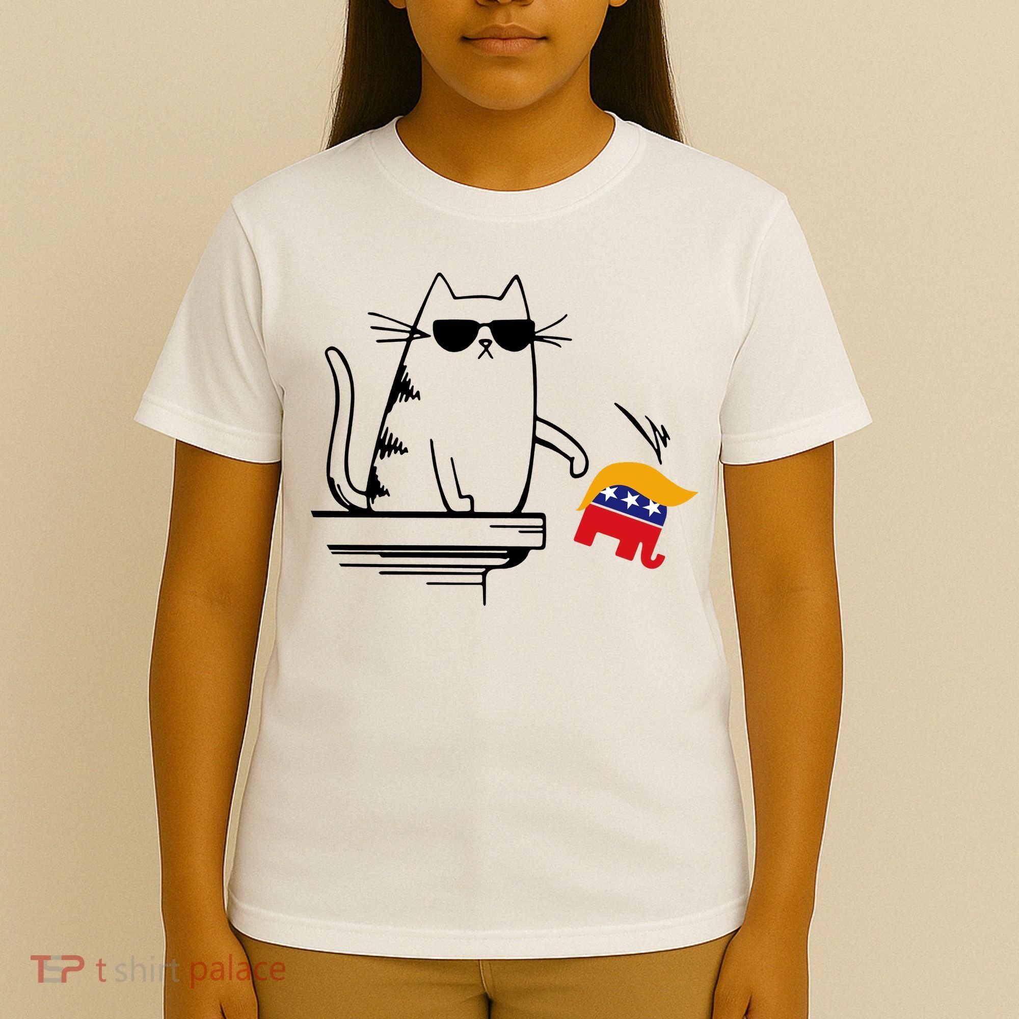 Cool Cat Knock Over Trump Elephant Hair 2024 Harris Walz T-Shirt