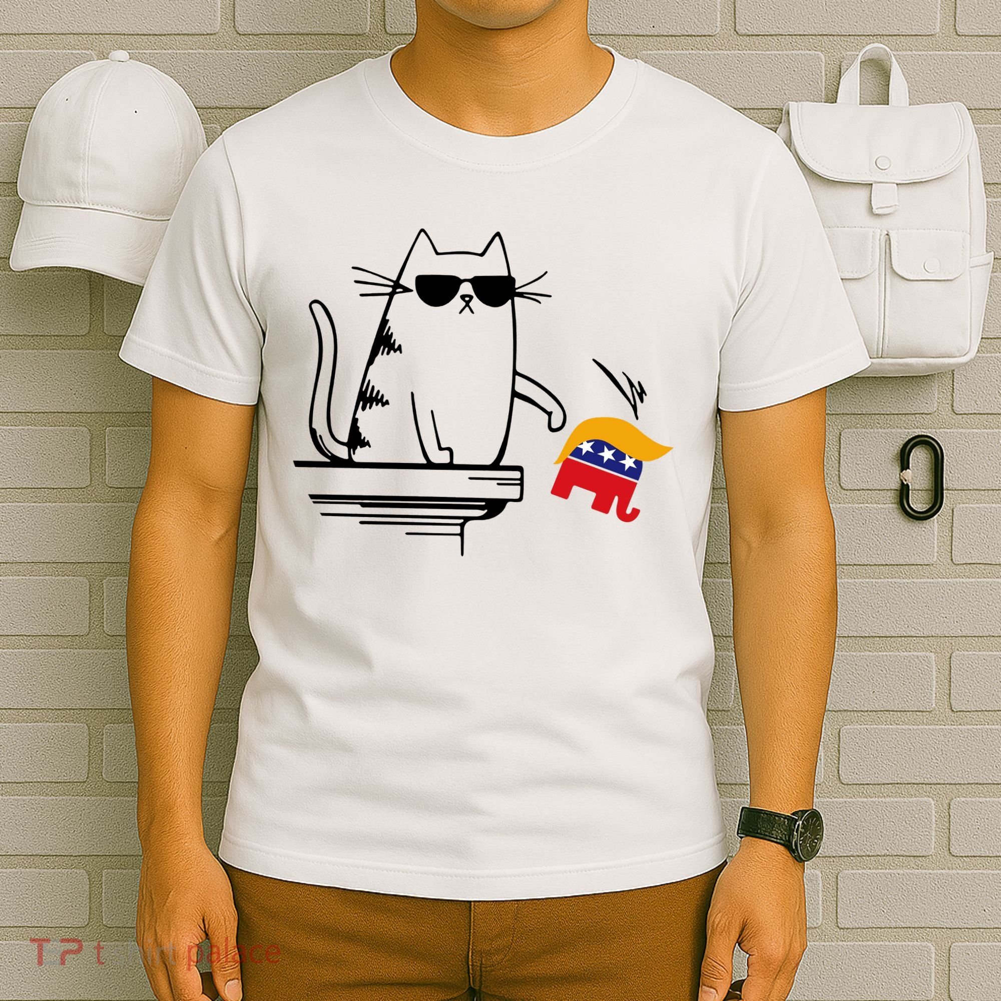 Cool Cat Knock Over Trump Elephant Hair 2024 Harris Walz T-Shirt