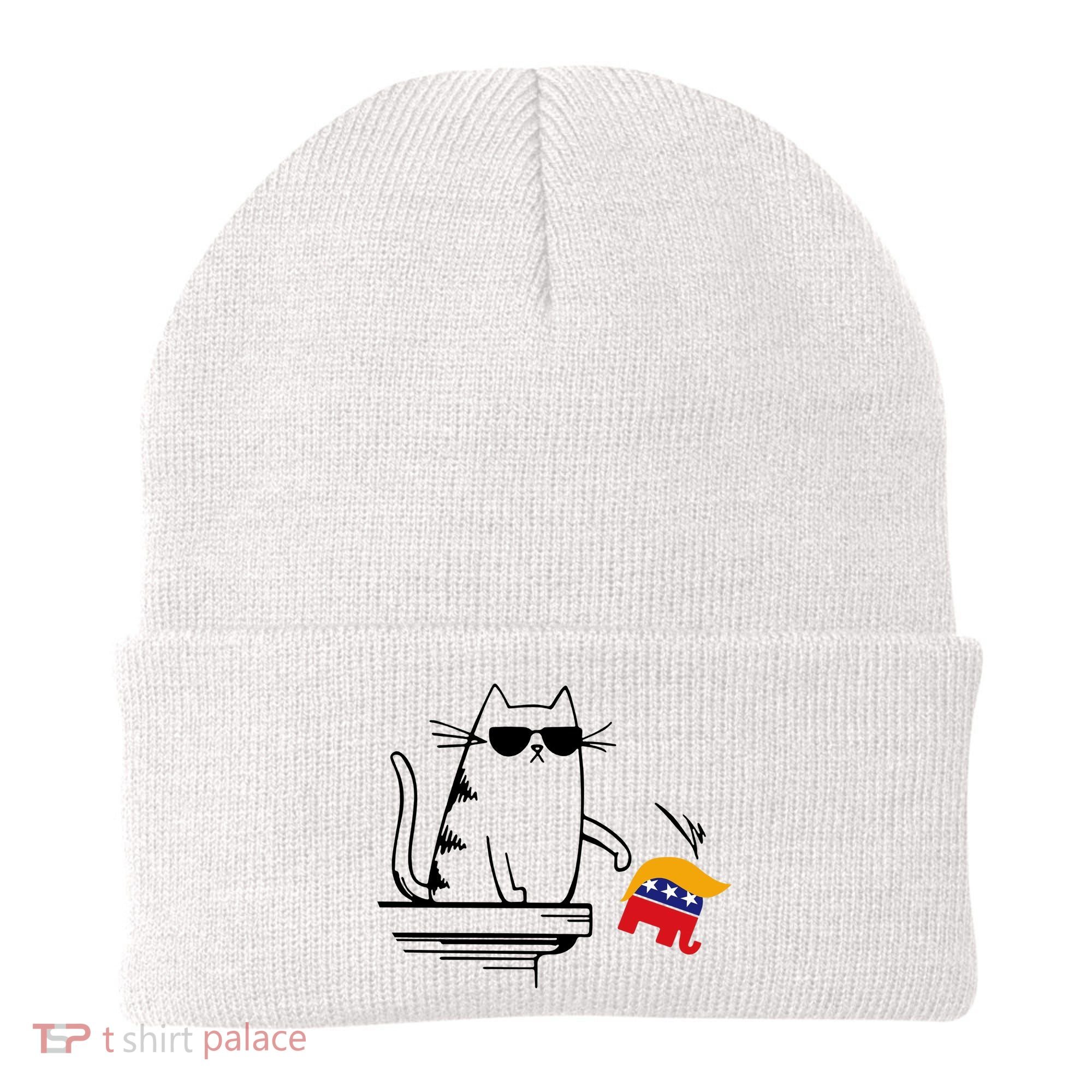Cool Cat Knock Over Trump Elephant Hair 2024 Harris Walz Beanie