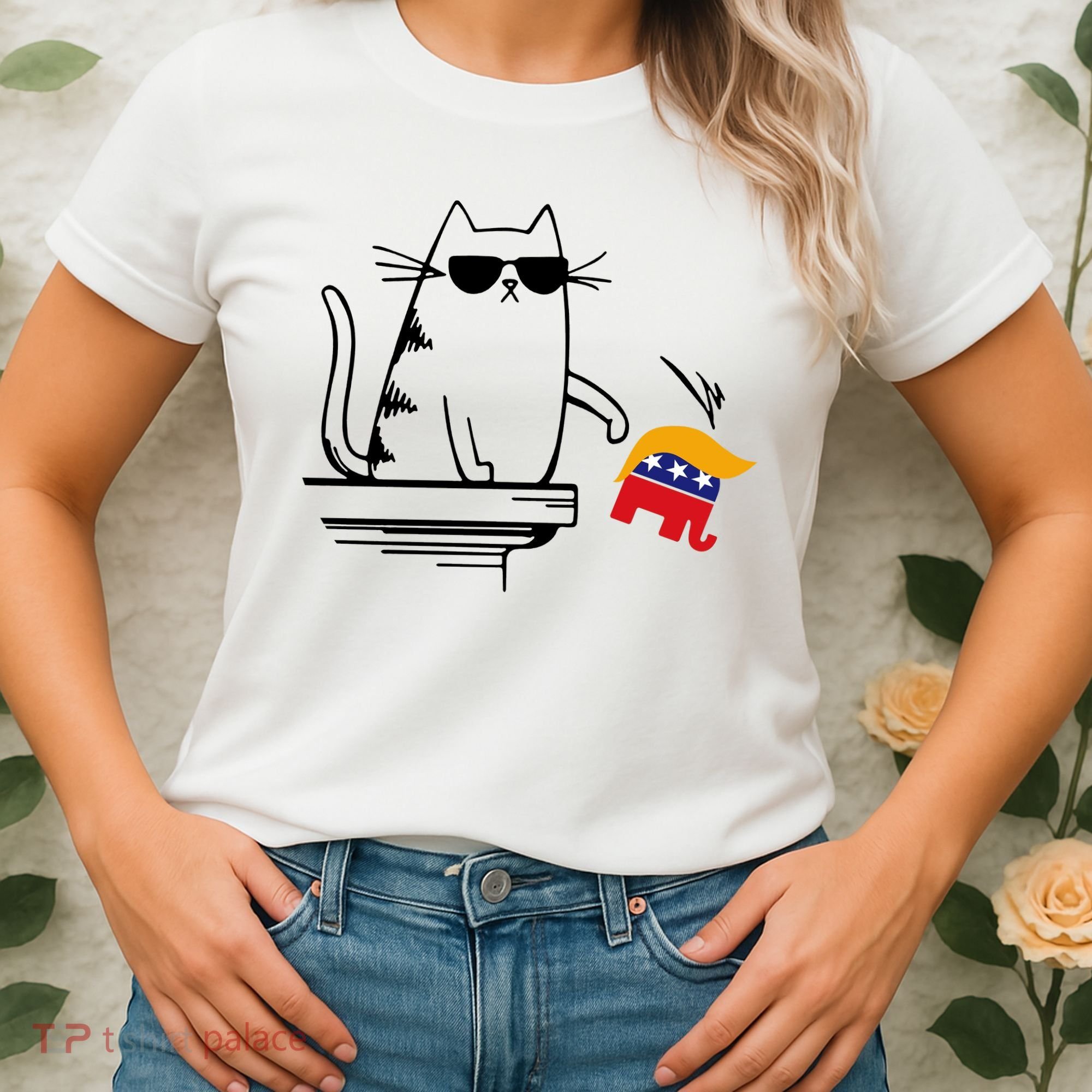 Cool Cat Knock Over Trump Elephant Hair 2024 Harris Walz Women's T-Shirt