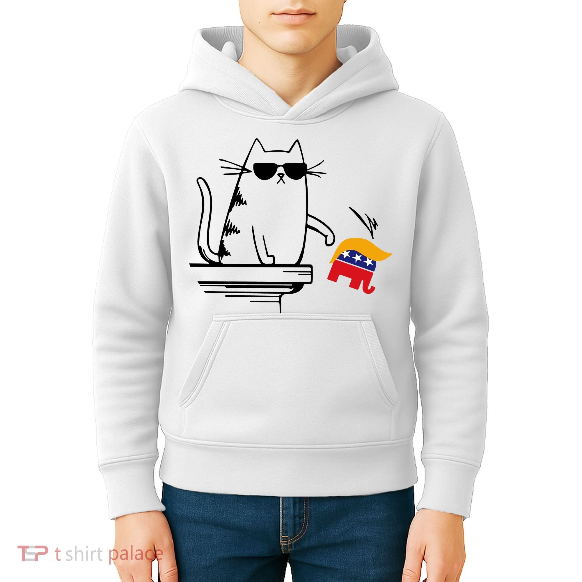 Cool Cat Knock Over Trump Elephant Hair 2024 Harris Walz Kids Hoodie
