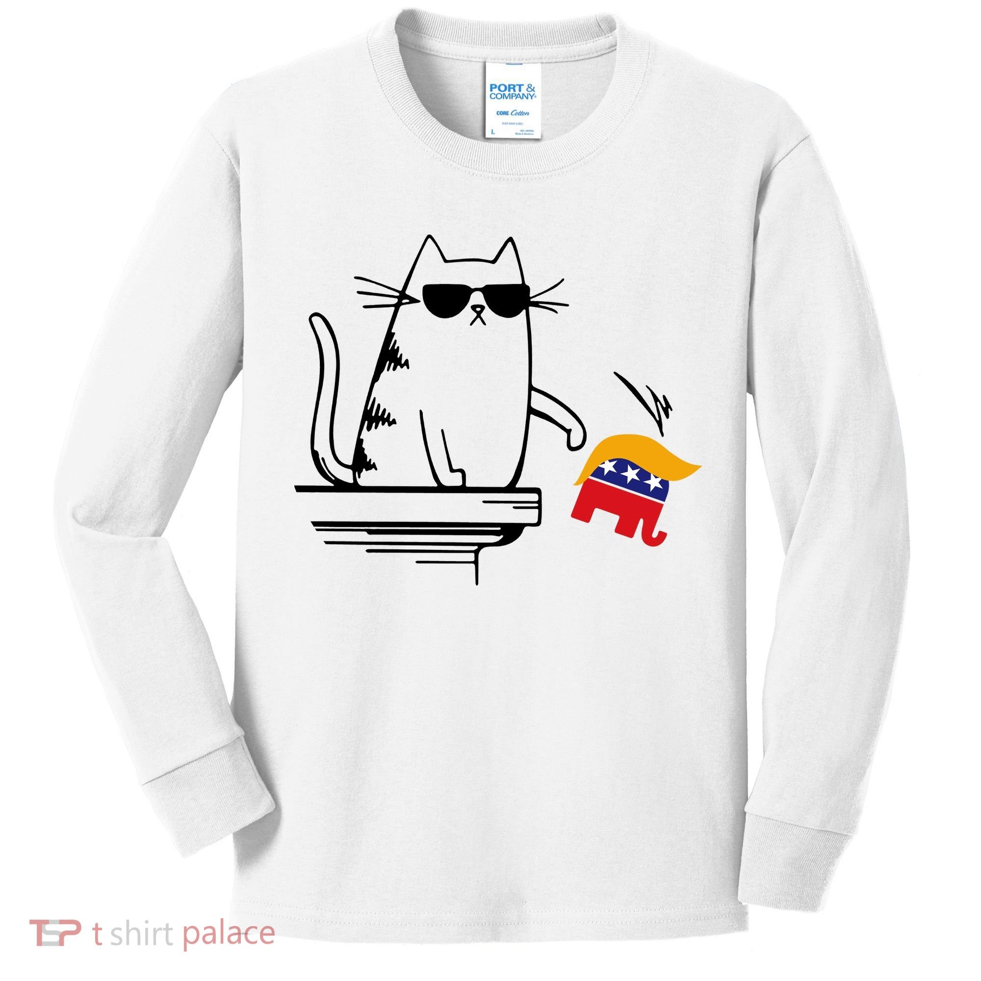 Cool Cat Knock Over Trump Elephant Hair 2024 Harris Walz Kids Long Sleeve Shirt