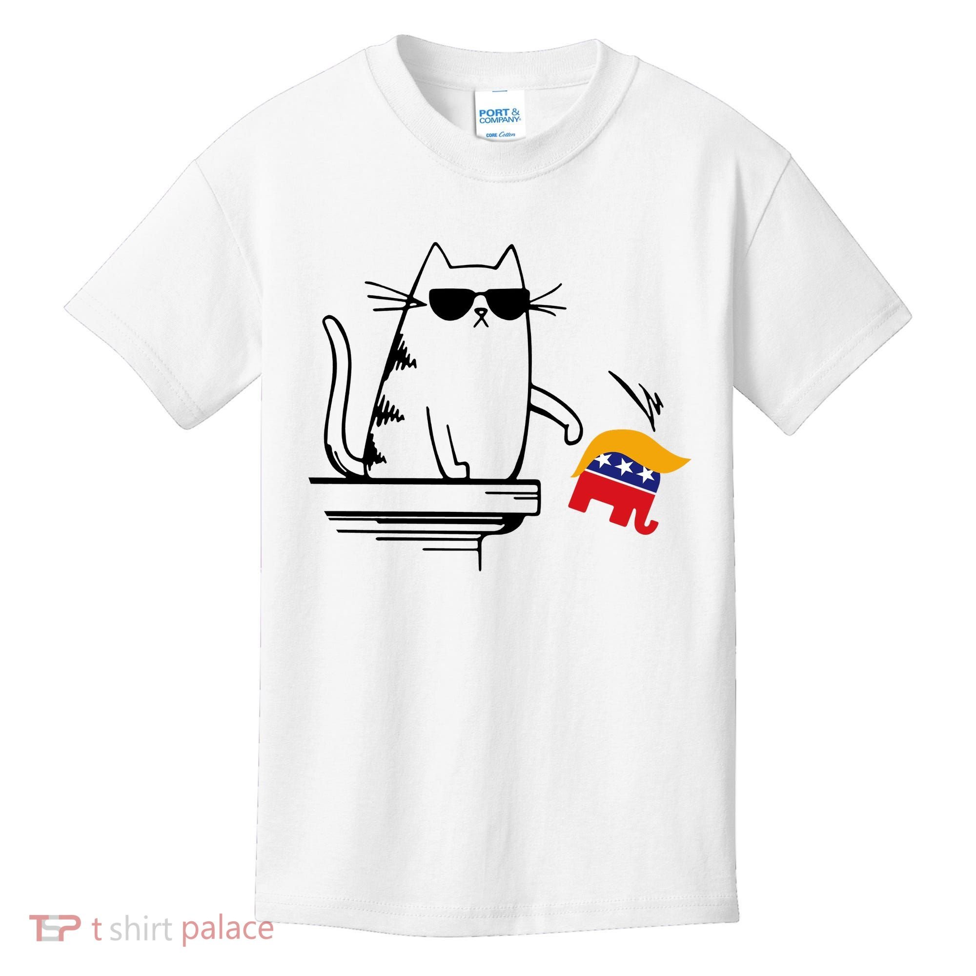 Cool Cat Knock Over Trump Elephant Hair 2024 Harris Walz Kids T-Shirt