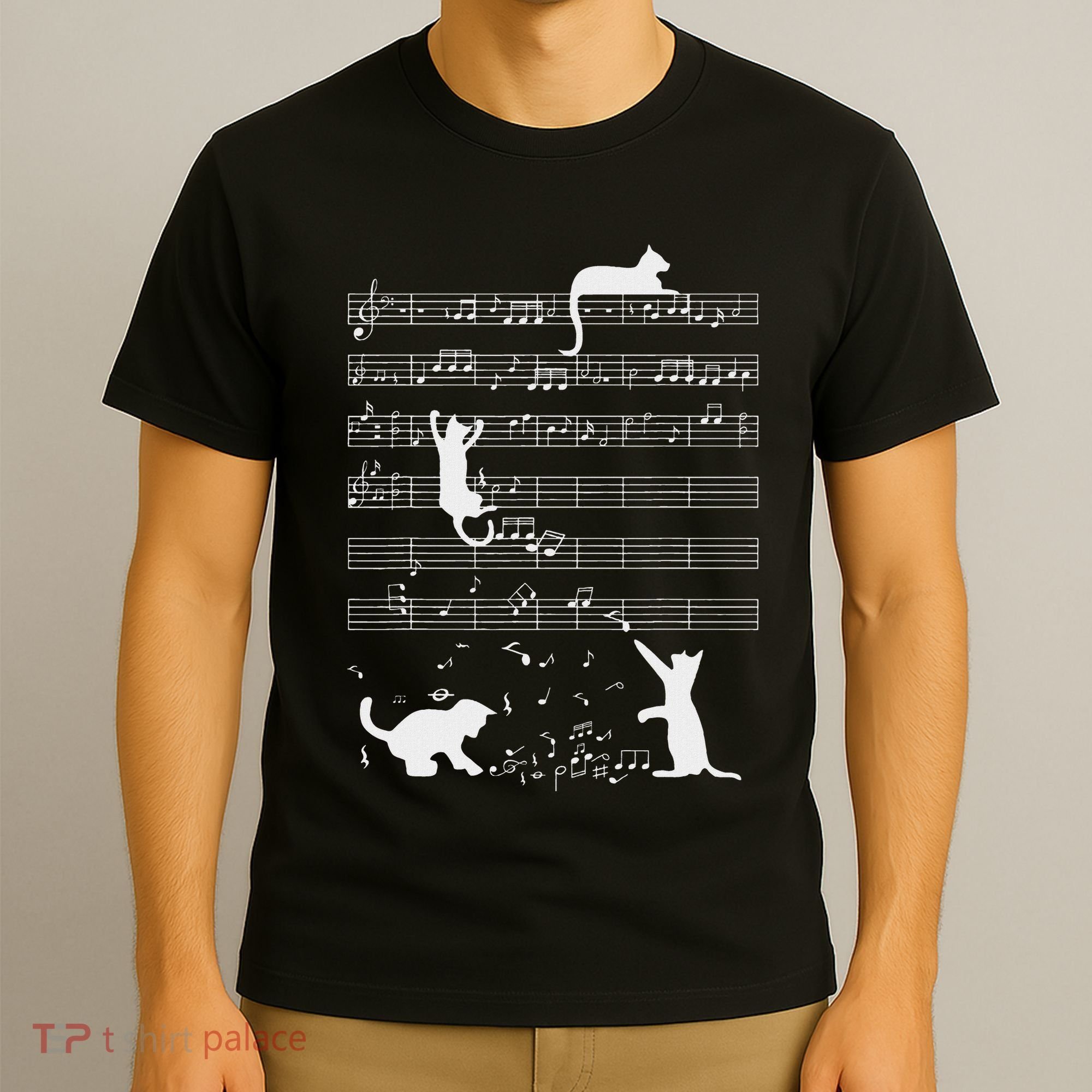 Cute Cat Kitty Playing Music Note Funny Clef Musician Art T-Shirt