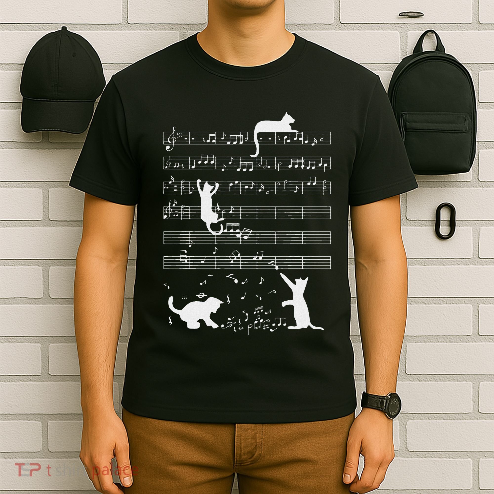 Cute Cat Kitty Playing Music Note Funny Clef Musician Art T-Shirt