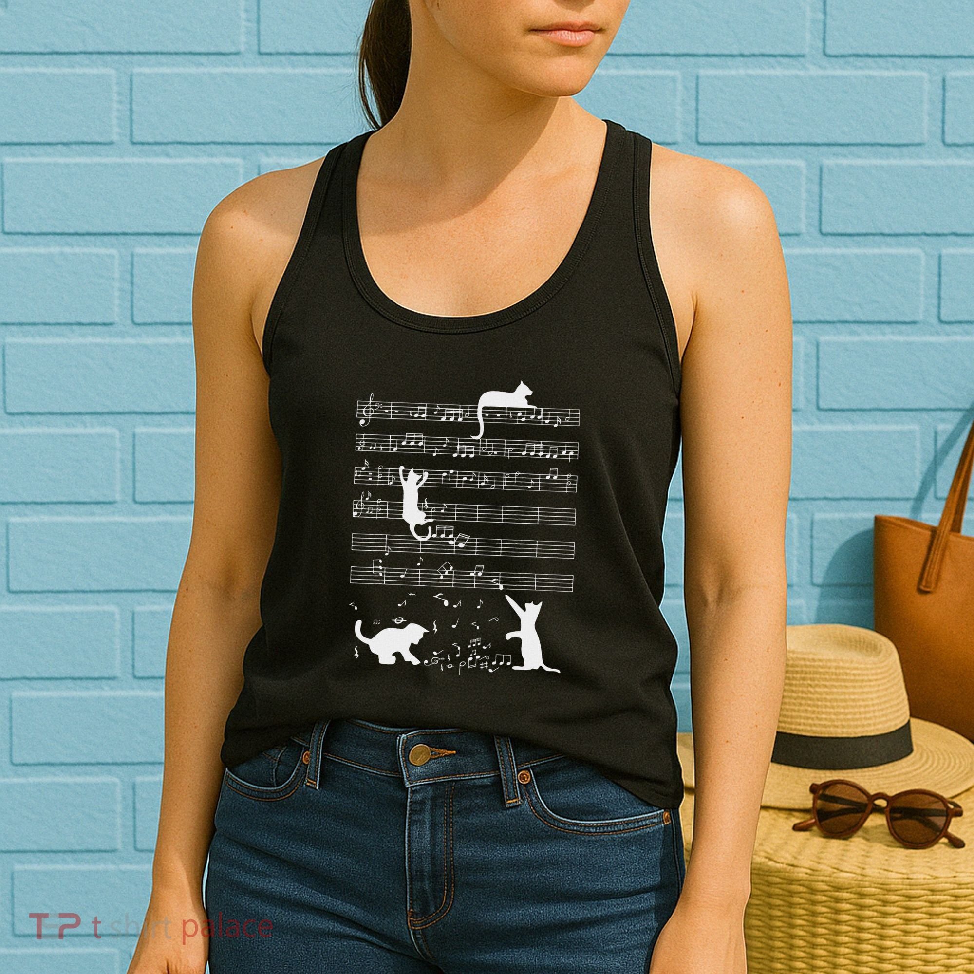 Cute Cat Kitty Playing Music Note Funny Clef Musician Art Women's Tank Top