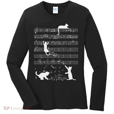 Cute Cat Kitty Playing Music Note Funny Clef Musician Art Women's Long Sleeve Shirt