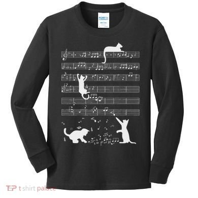 Cute Cat Kitty Playing Music Note Funny Clef Musician Art Kids Long Sleeve Shirt