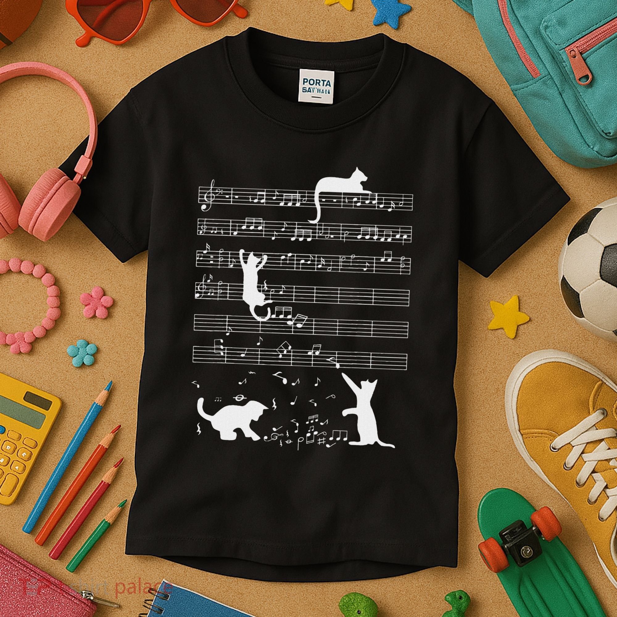 Cute Cat Kitty Playing Music Note Funny Clef Musician Art Kids T-Shirt